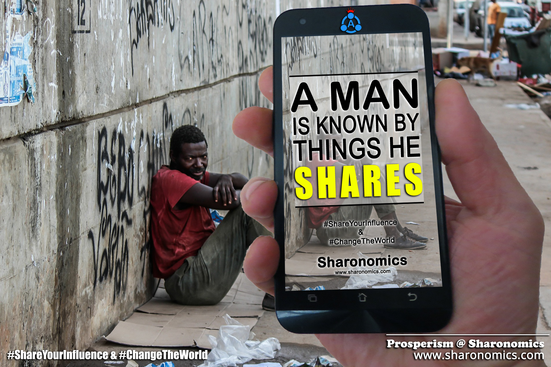 sharonomics, algoshare, prosperism, autonio, poverty, charity, #shareyourinfluence, #changetheworld, man, things, share, know, known